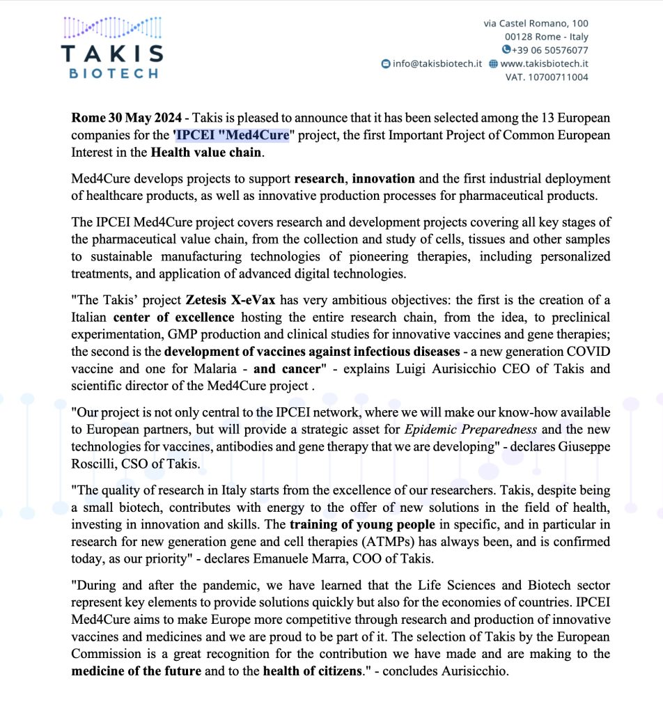 We are thrilled to announce that Takis has been selected among 13 European companies for the IPCEI “Med4Cure” project, the first Important Project of Common European Interest in the Health value chain.